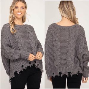 Grey cable knit frayed hem sweater